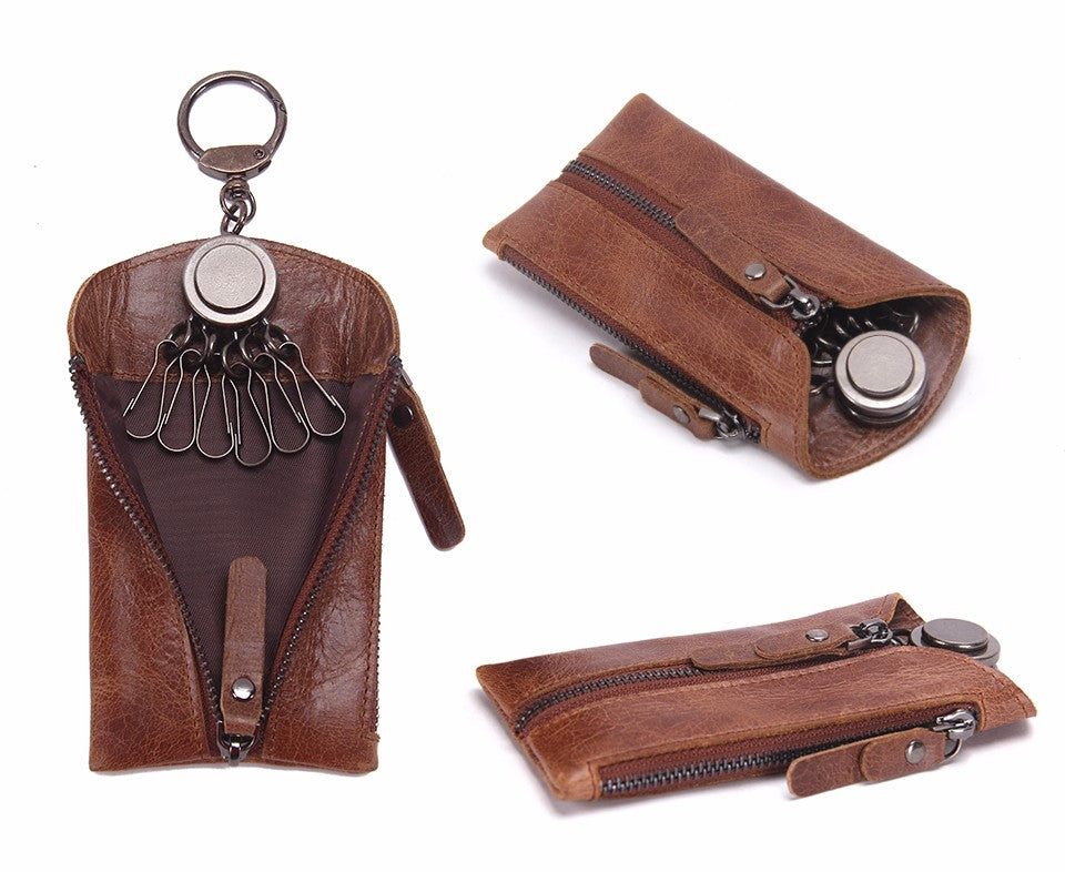 Leather Keys Holder Key Case Zipper Pouch Keychain Wallet 